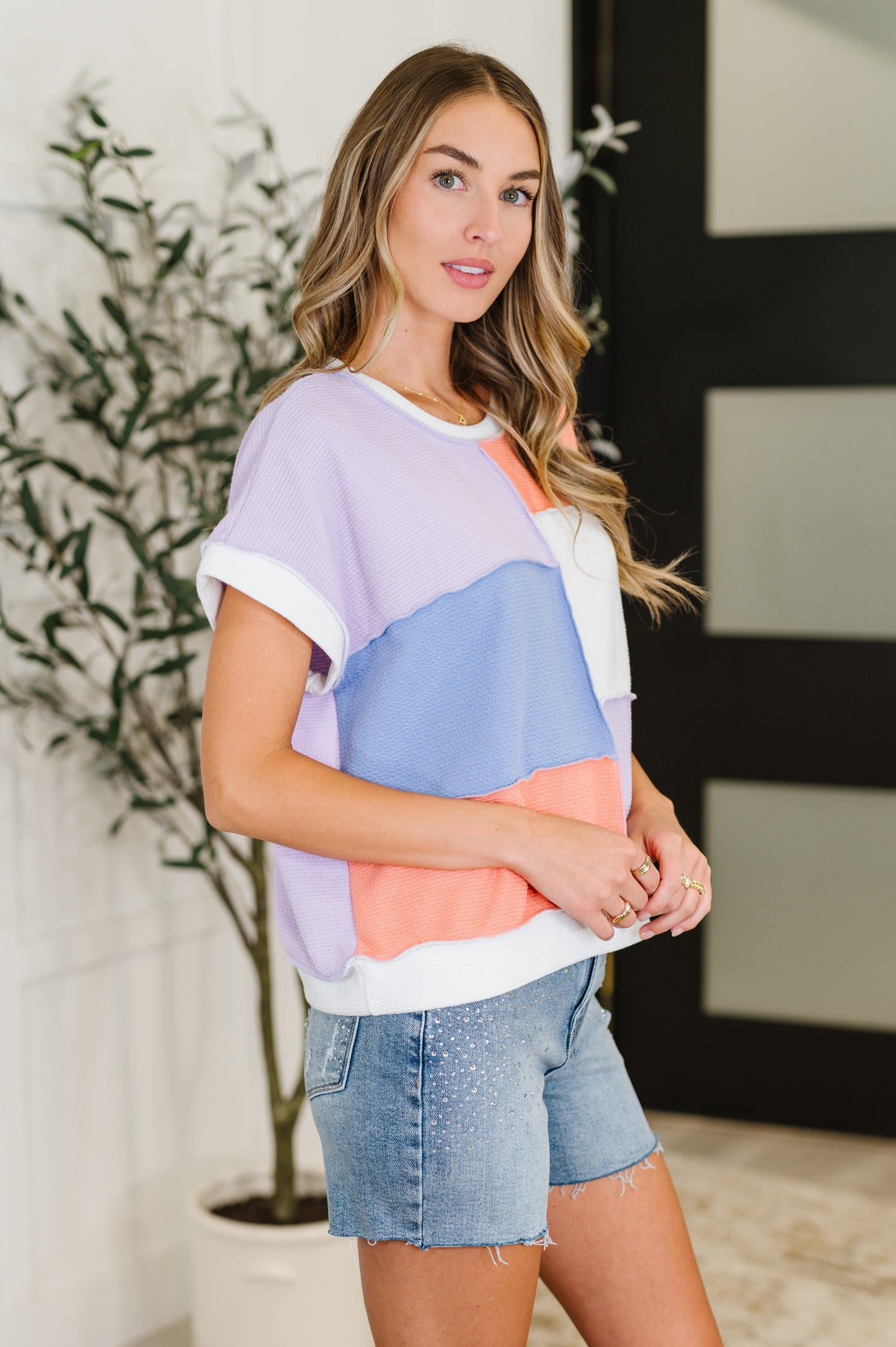Contrast Club Color Block Top in Lilac, Orange and Denim