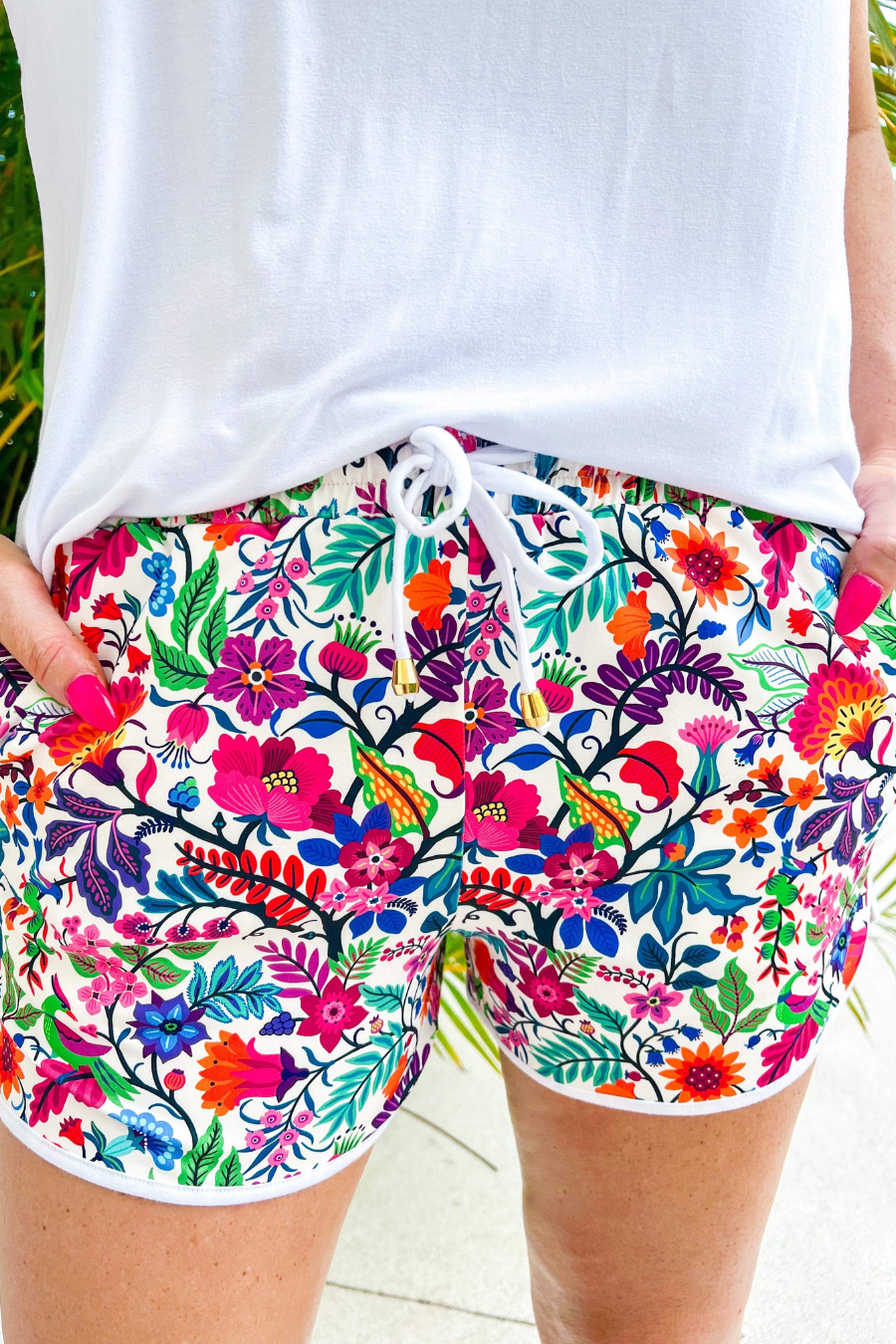 PREORDER-Fiesta Time Floral Drawstring Everyday Shorts, White