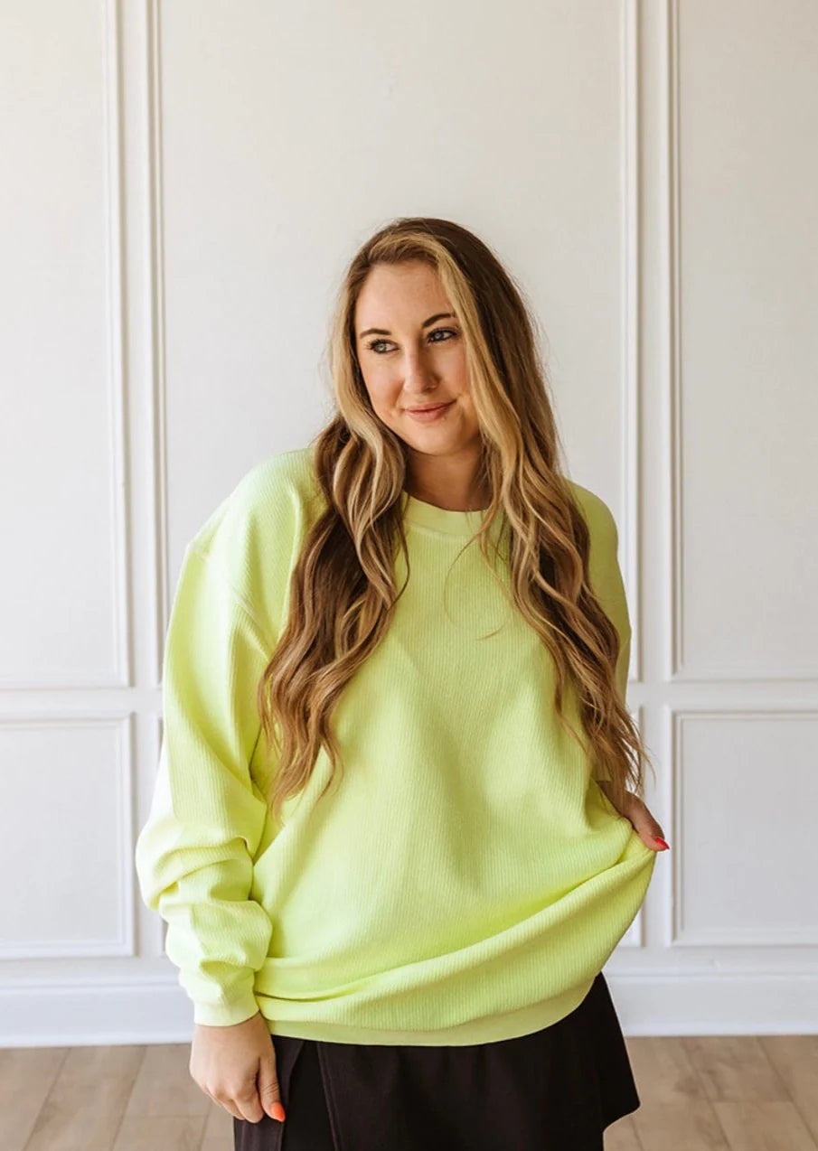 NEON YELLOW - Essential Luxe Corded Crew Sweatshirt