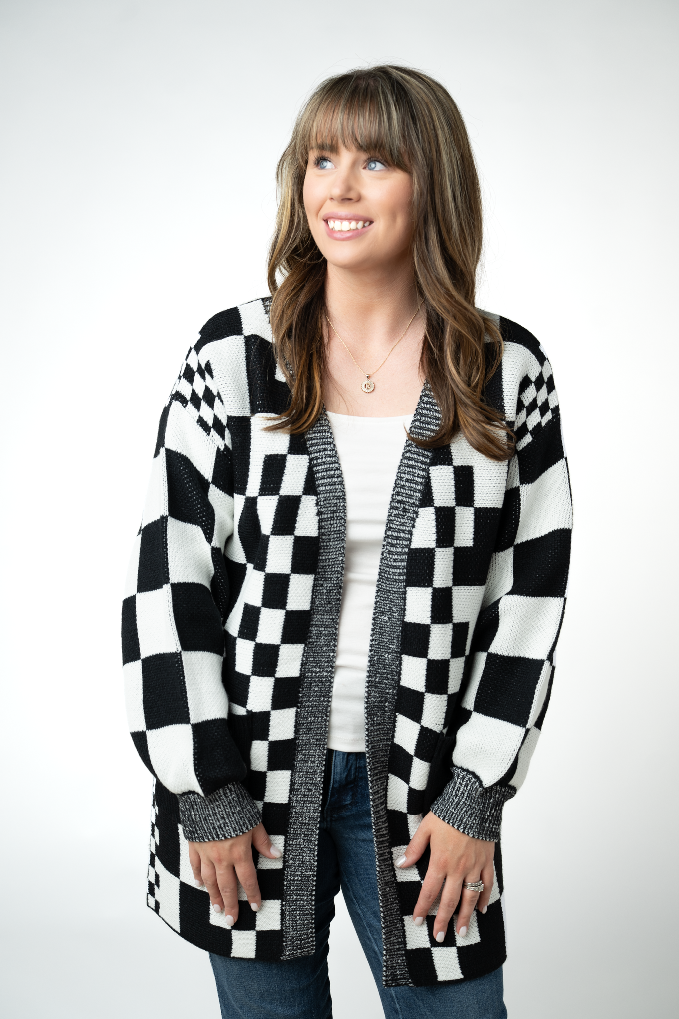 IN STOCK Long Checkered Pocket Cardigan - Black and White