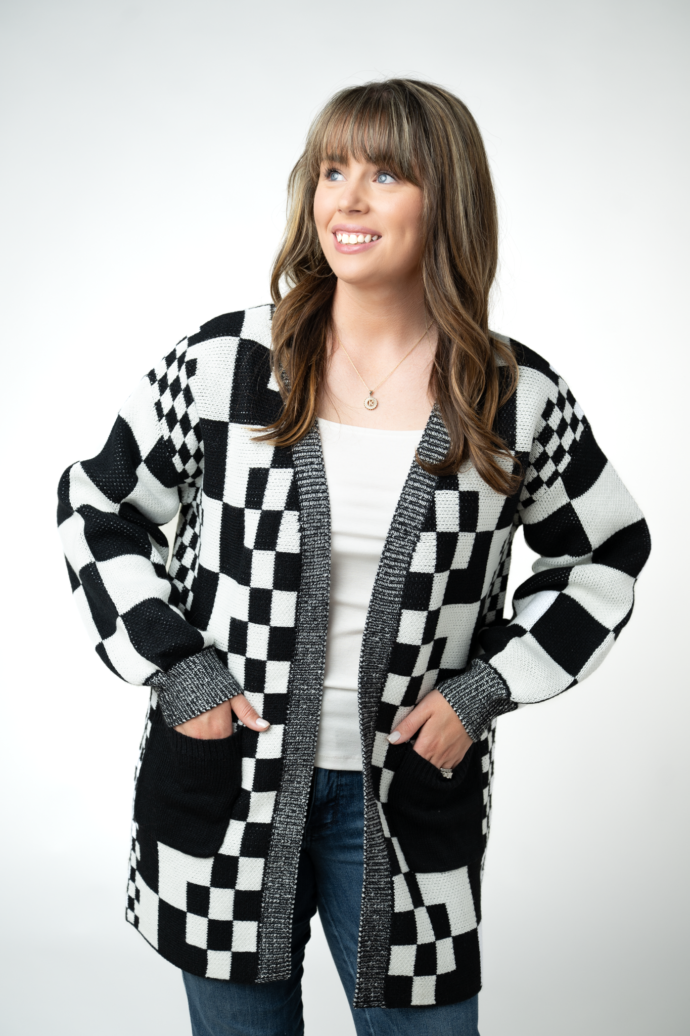 IN STOCK Long Checkered Pocket Cardigan - Black and White