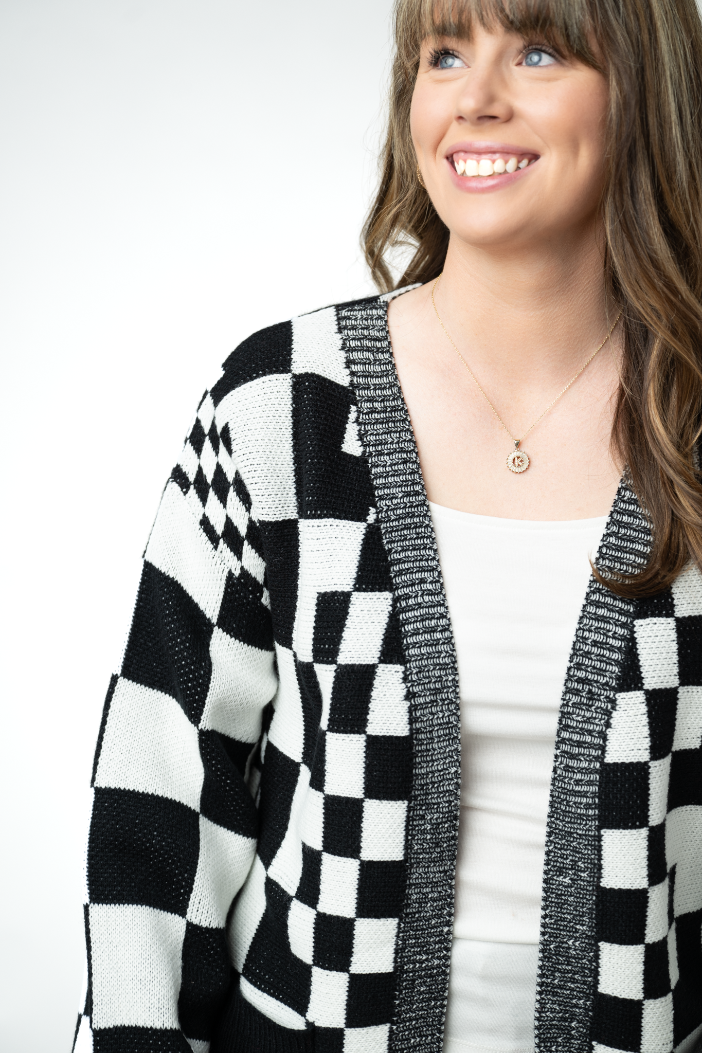 IN STOCK Long Checkered Pocket Cardigan - Black and White