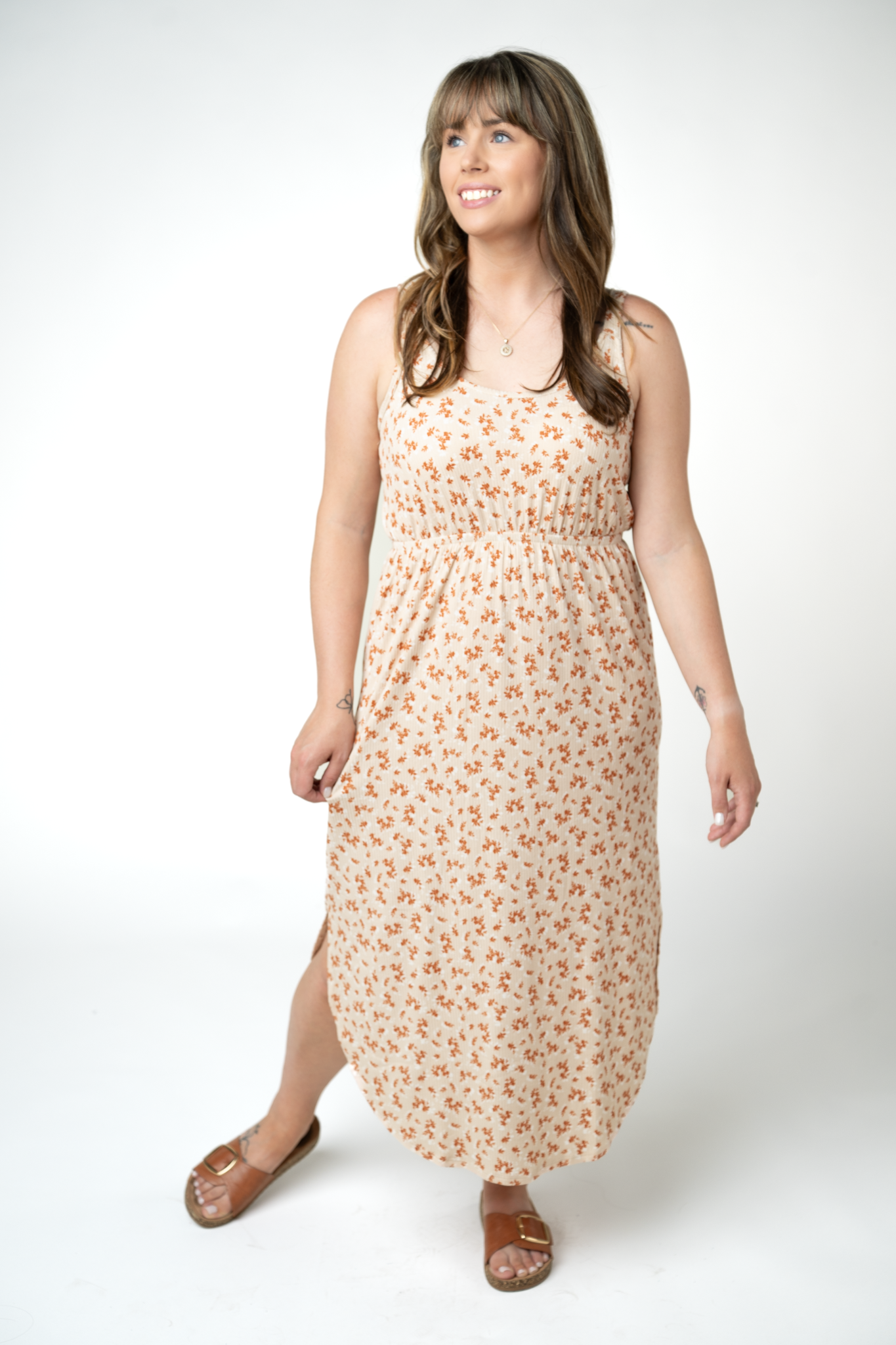IN STOCK Reagan Ribbed Midi Dress - Sand and Rust Floral