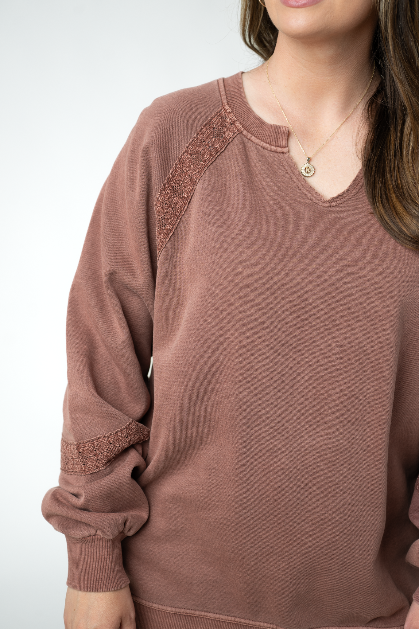 IN STOCK Lace Accent Vintage Wash Pullover - Brown