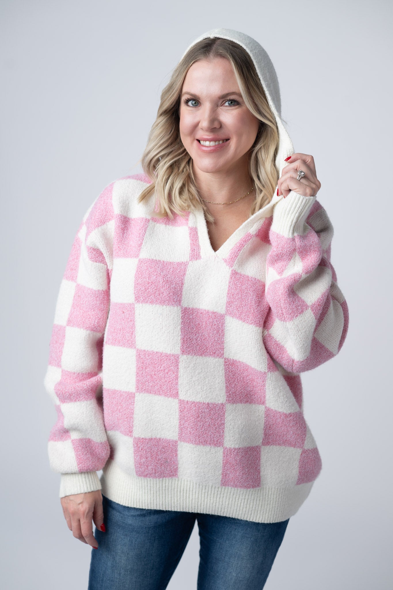 IN STOCK Checkered Hoodie - Pink and White