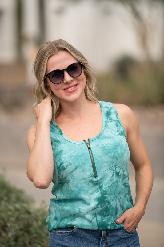 IN STOCK Mila Zipper Tank - Teal Tie Dye