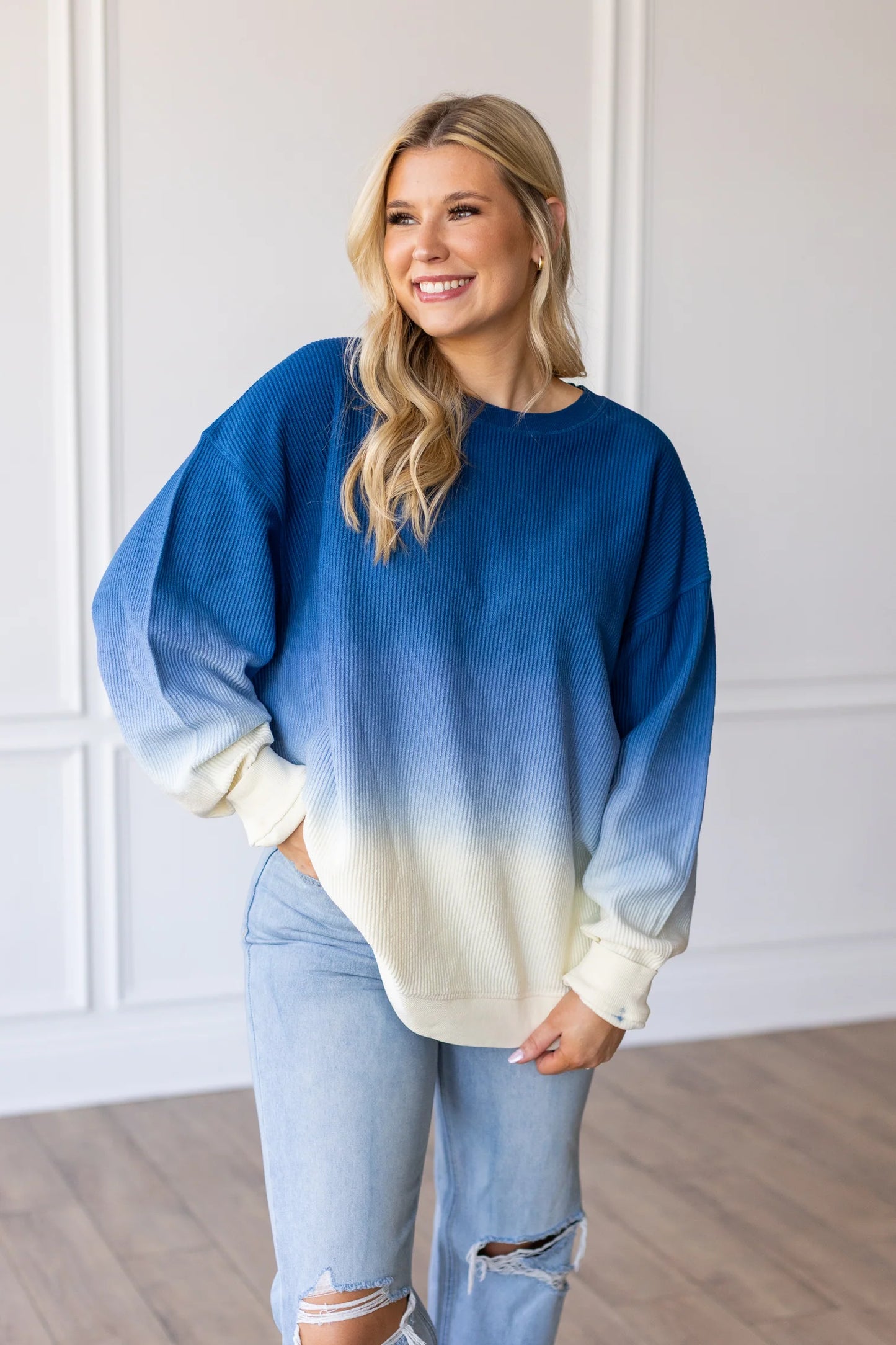 OMBRE COZY CORD SWEATSHIRT - NAVY/EGGNOG
