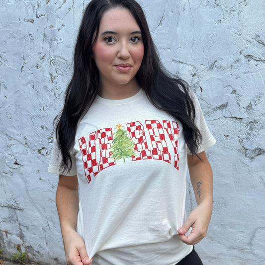 Merry Checkered Tree Graphic Tee