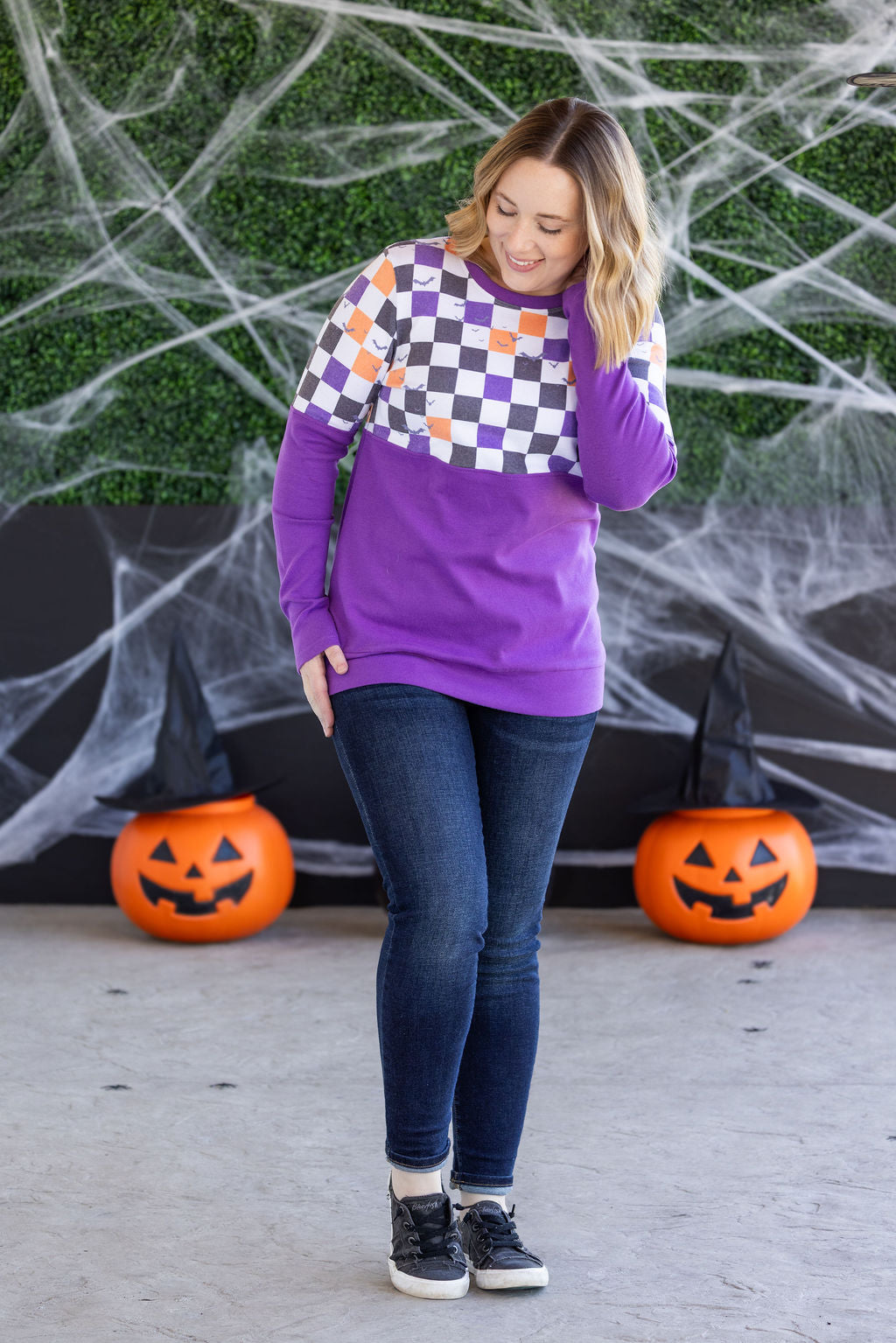 PREBOOK Natalie Pullover - Checkered Bats and Purple
