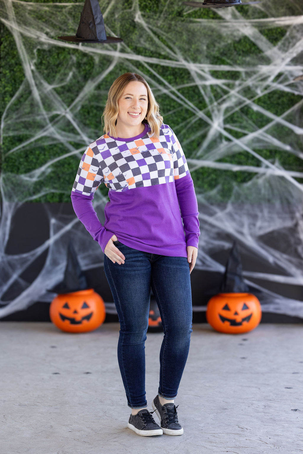 PREBOOK Natalie Pullover - Checkered Bats and Purple