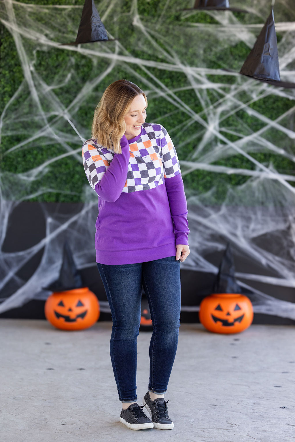 PREBOOK Natalie Pullover - Checkered Bats and Purple