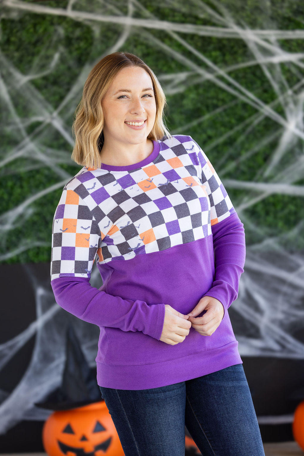 PREBOOK Natalie Pullover - Checkered Bats and Purple