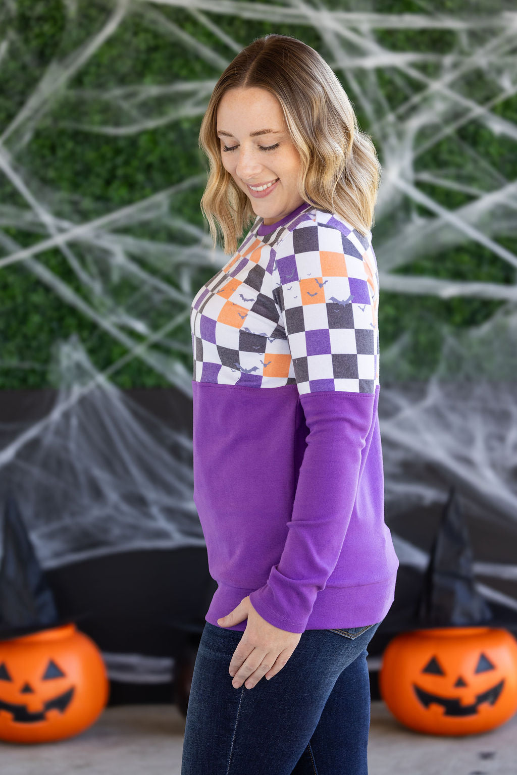 PREBOOK Natalie Pullover - Checkered Bats and Purple
