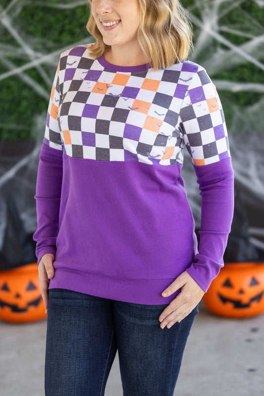 PREBOOK Natalie Pullover - Checkered Bats and Purple