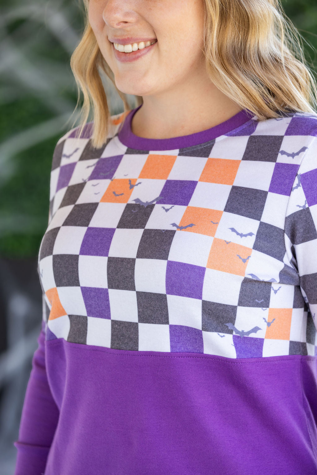 PREBOOK Natalie Pullover - Checkered Bats and Purple