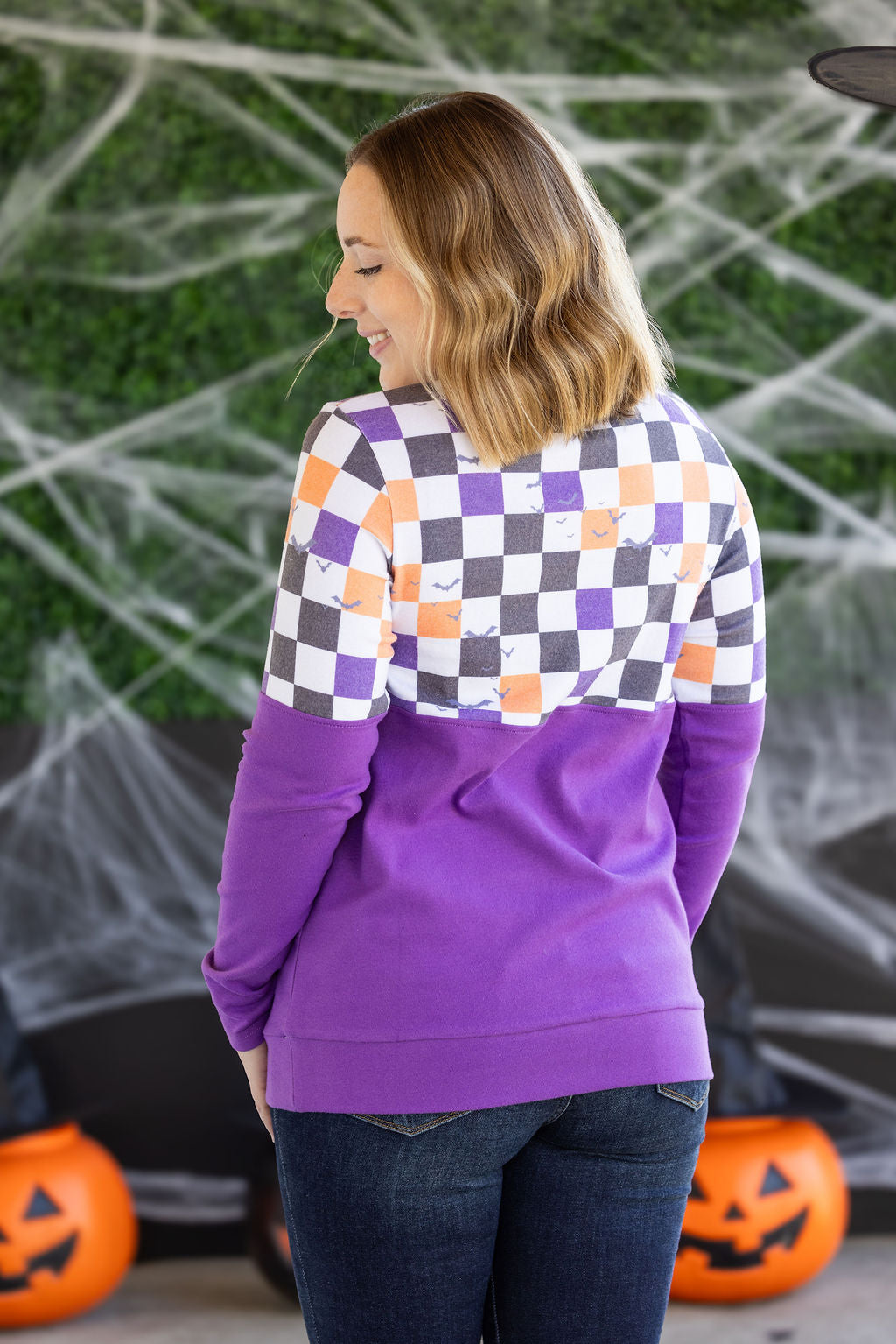 PREBOOK Natalie Pullover - Checkered Bats and Purple