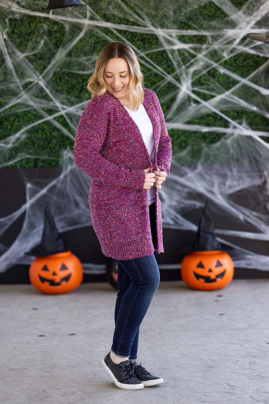 PREBOOK Carly Confetti Dot Cardigan - Dusty Magenta
