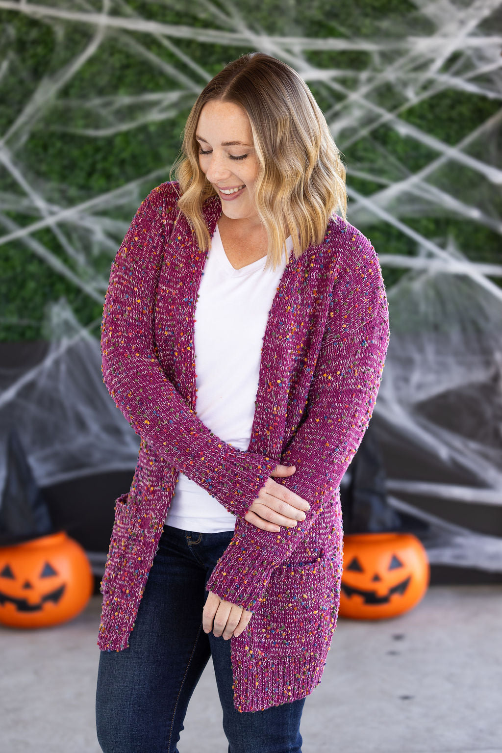 PREBOOK Carly Confetti Dot Cardigan - Dusty Magenta