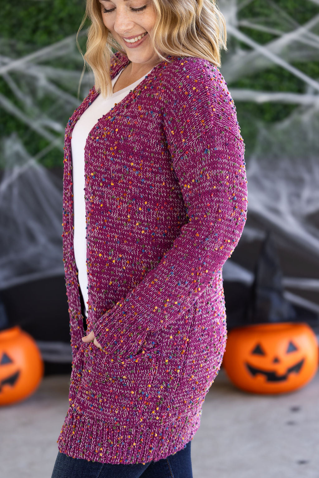 PREBOOK Carly Confetti Dot Cardigan - Dusty Magenta