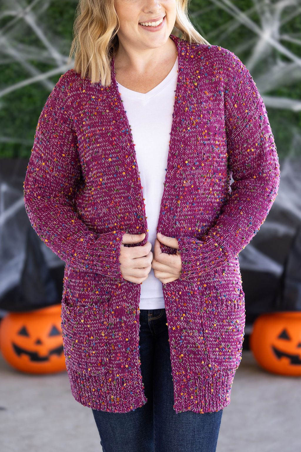 PREBOOK Carly Confetti Dot Cardigan - Dusty Magenta