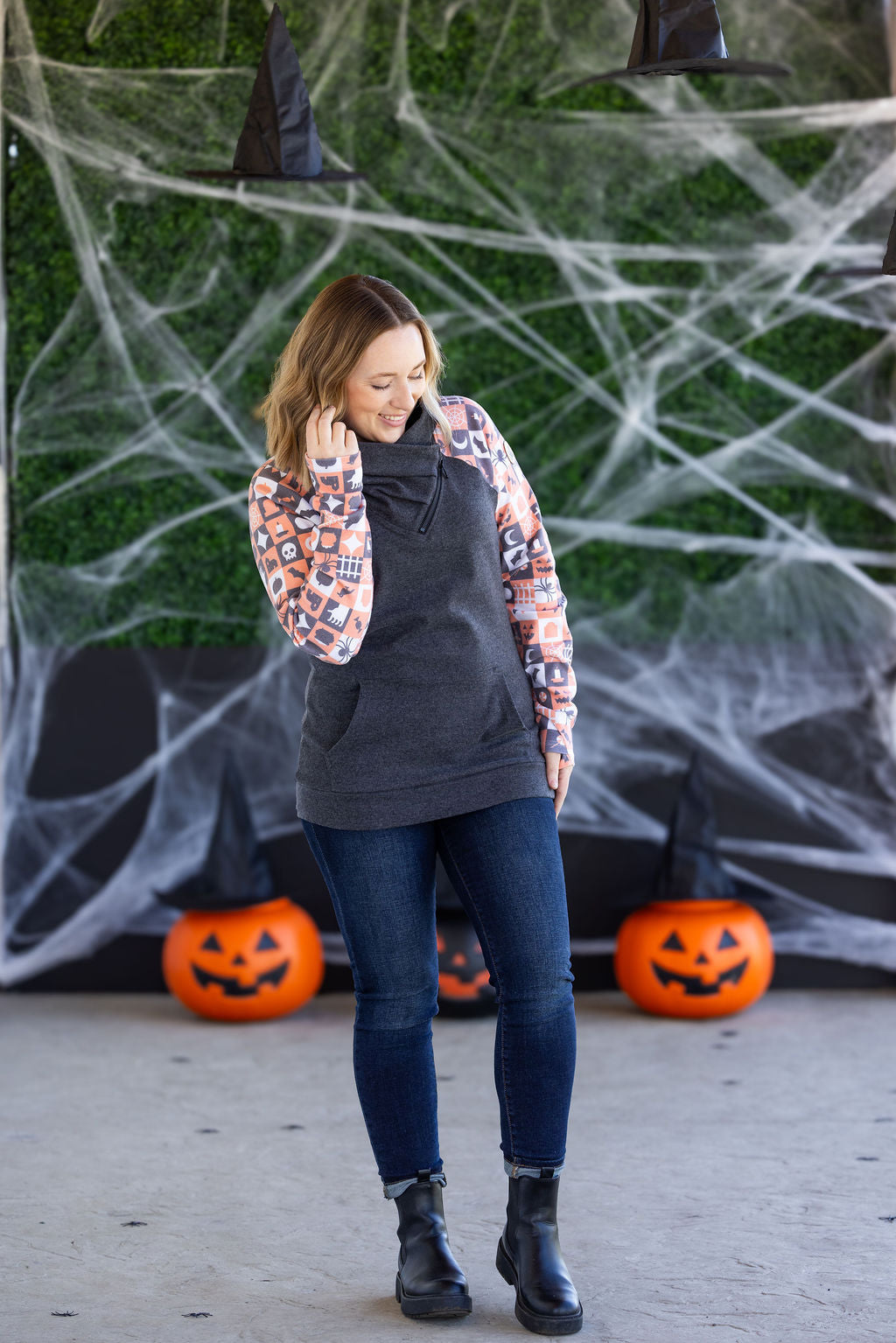 PREBOOK Zoey ZipCowl Sweatshirt -Trick-or-Treat Checkered and Charcoal
