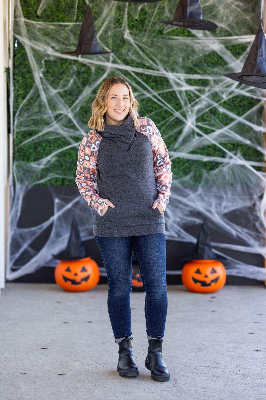 PREBOOK Zoey ZipCowl Sweatshirt -Trick-or-Treat Checkered and Charcoal