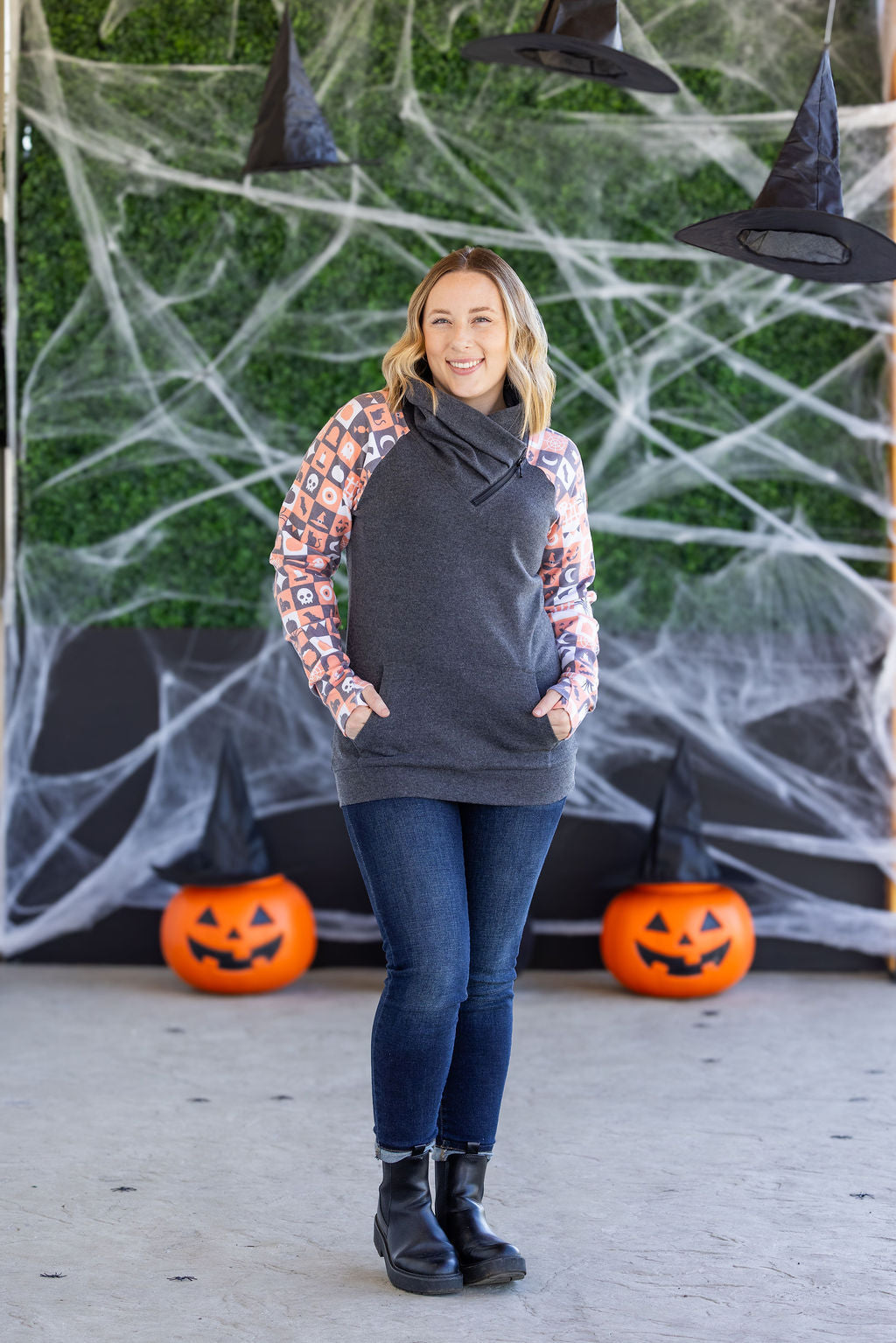 PREBOOK Zoey ZipCowl Sweatshirt -Trick-or-Treat Checkered and Charcoal