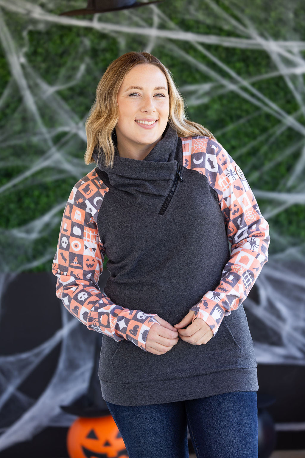 PREBOOK Zoey ZipCowl Sweatshirt -Trick-or-Treat Checkered and Charcoal