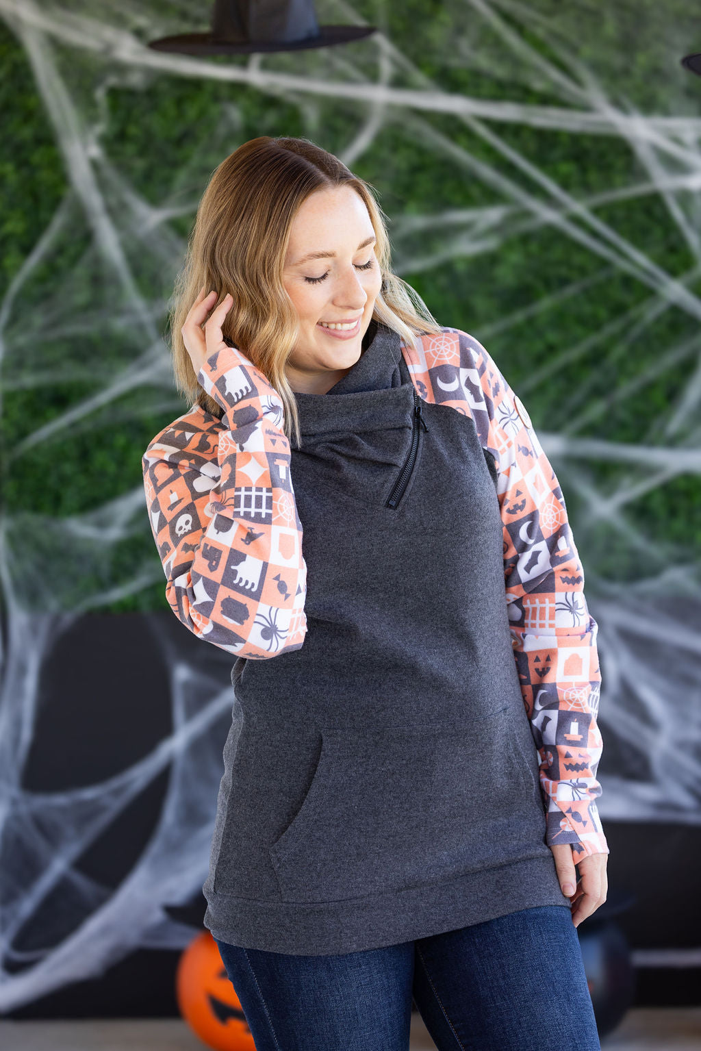 PREBOOK Zoey ZipCowl Sweatshirt -Trick-or-Treat Checkered and Charcoal