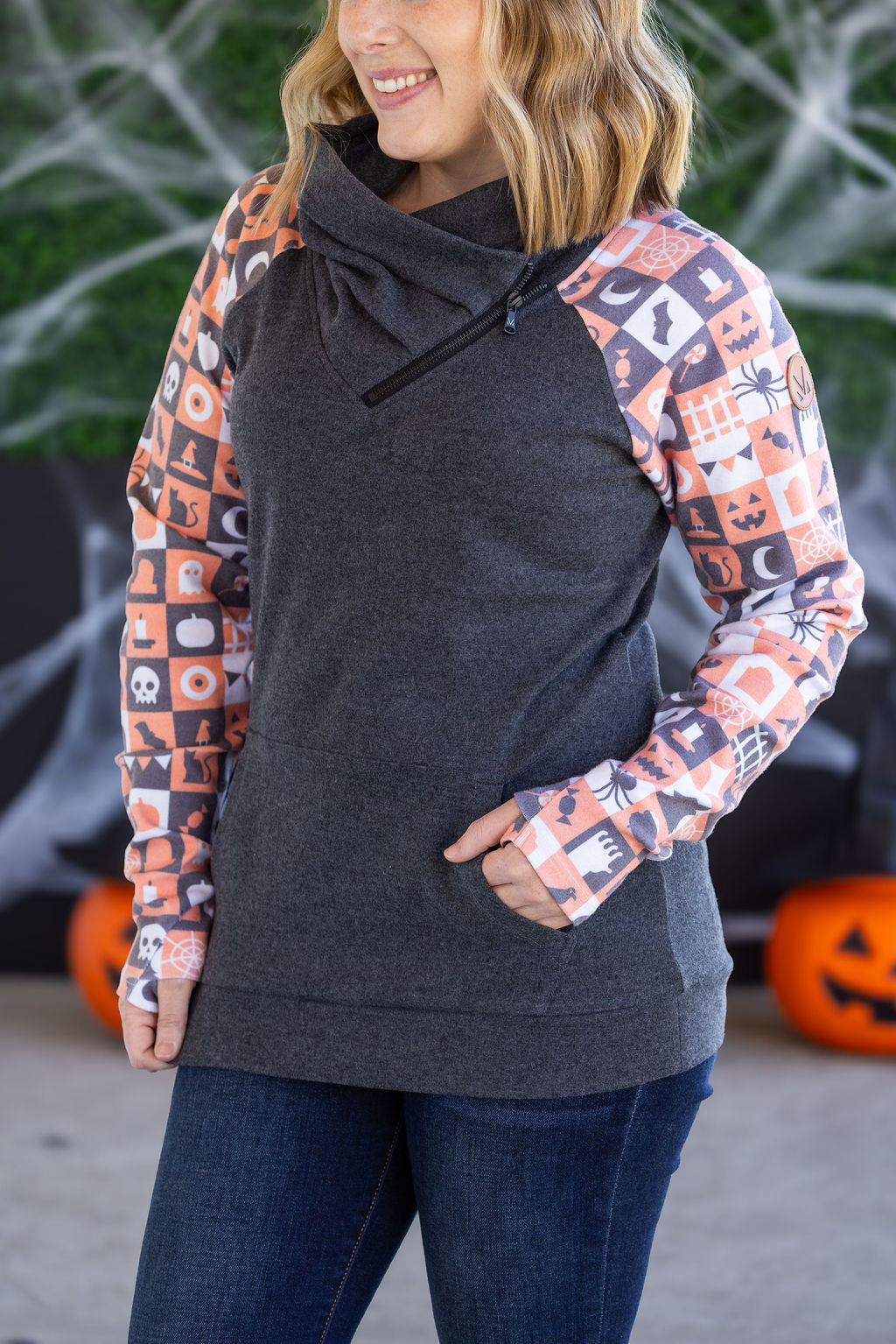 PREBOOK Zoey ZipCowl Sweatshirt -Trick-or-Treat Checkered and Charcoal