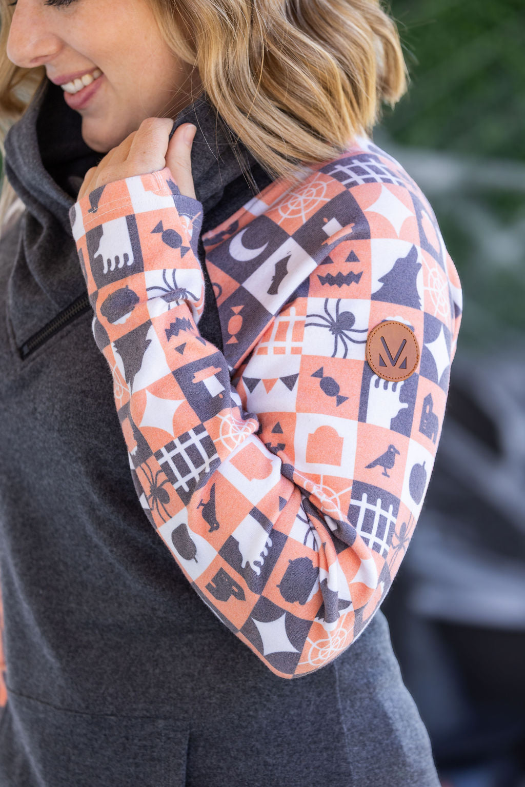 PREBOOK Zoey ZipCowl Sweatshirt -Trick-or-Treat Checkered and Charcoal