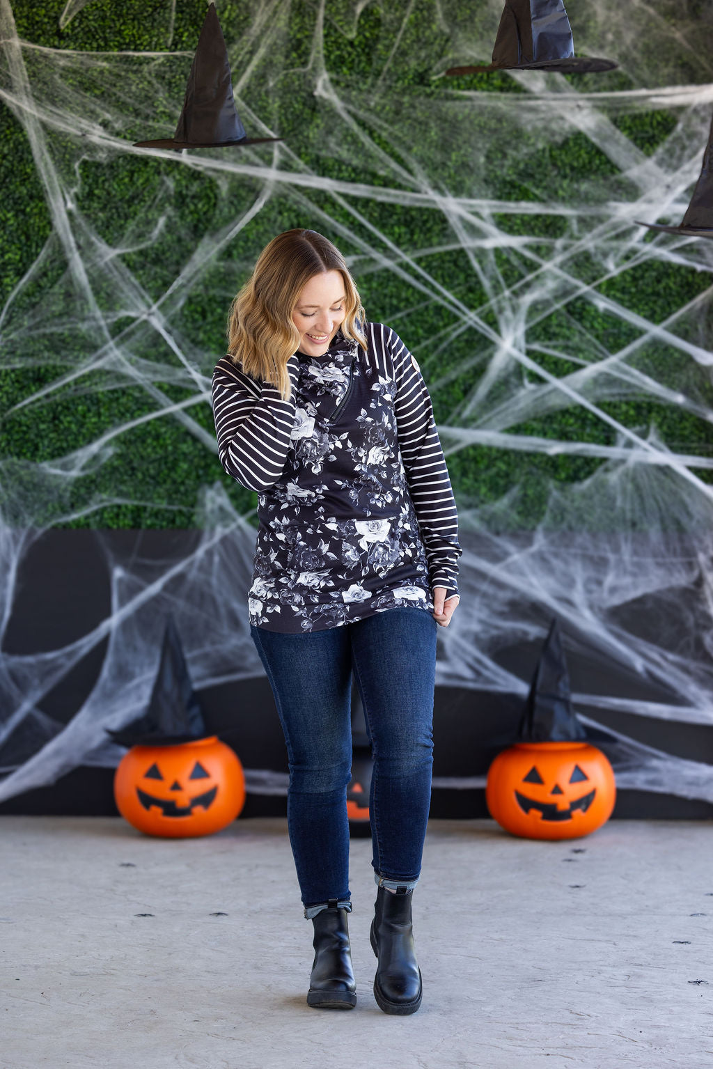 PREBOOK Zoey ZipCowl Sweatshirt - Black Floral and Stripes