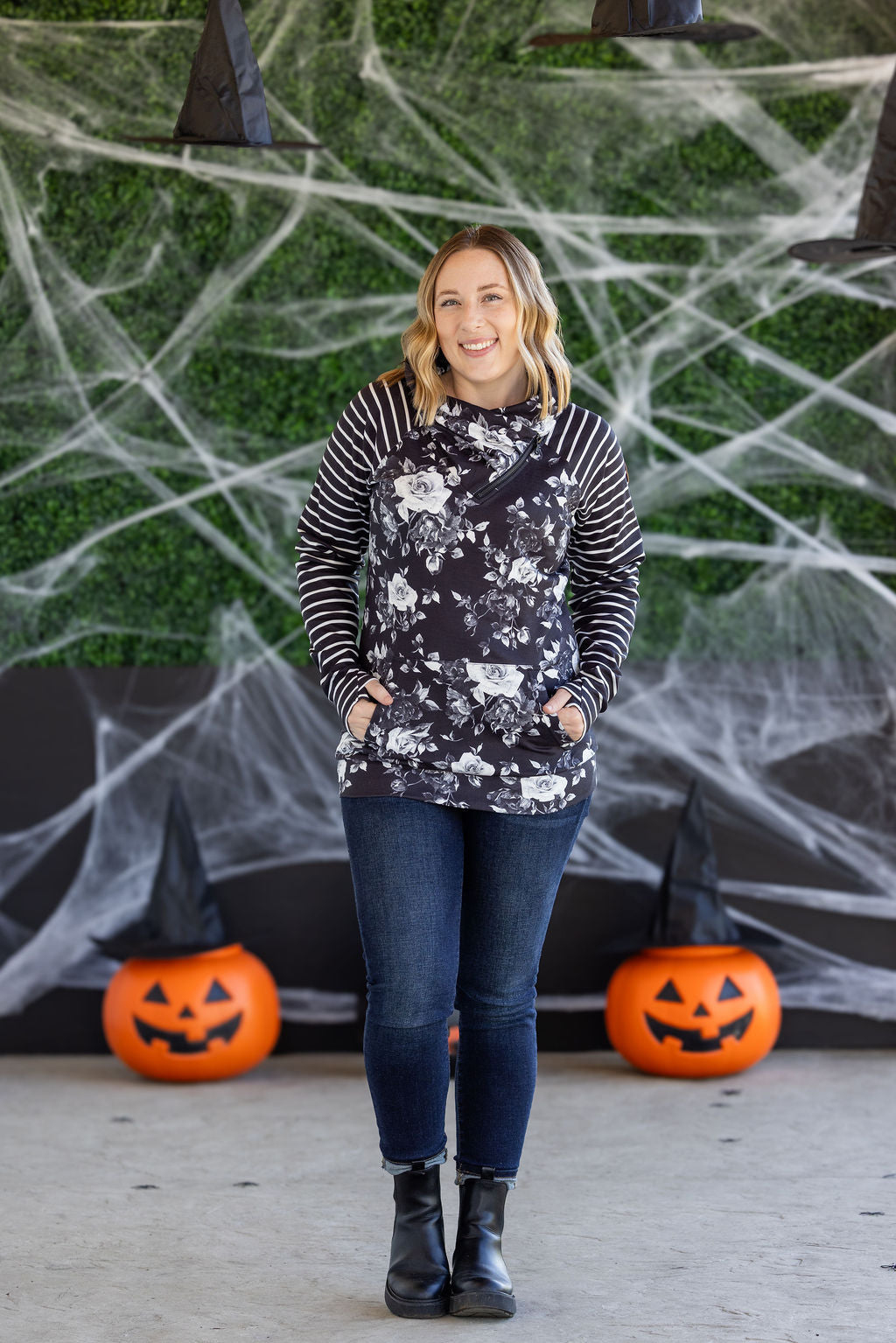 PREBOOK Zoey ZipCowl Sweatshirt - Black Floral and Stripes