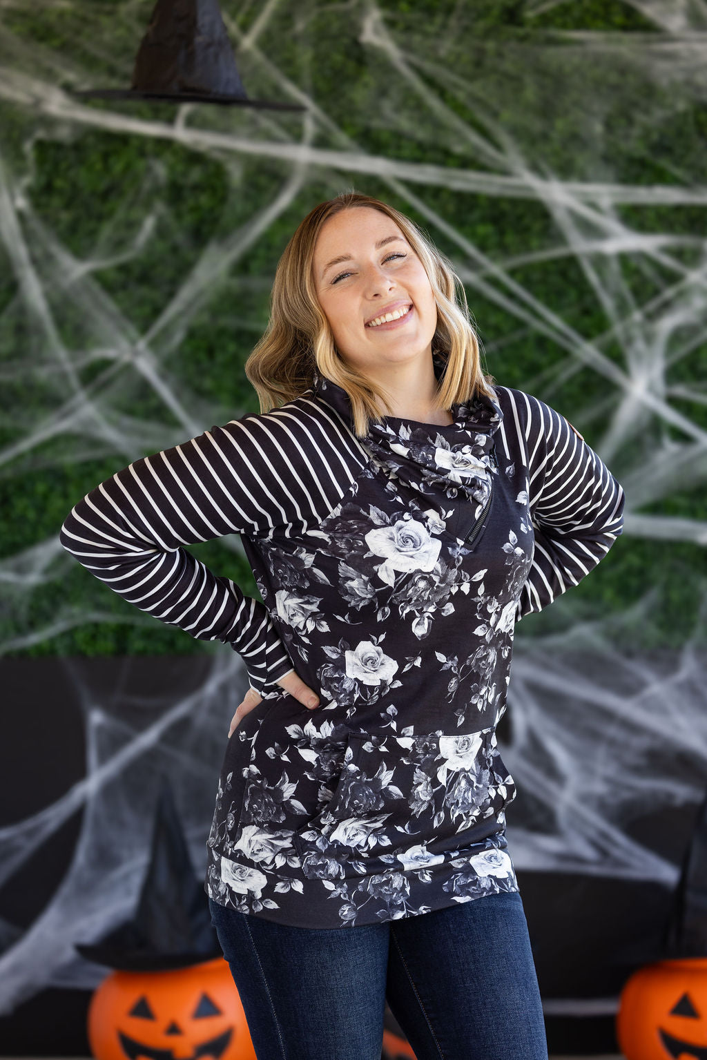 PREBOOK Zoey ZipCowl Sweatshirt - Black Floral and Stripes