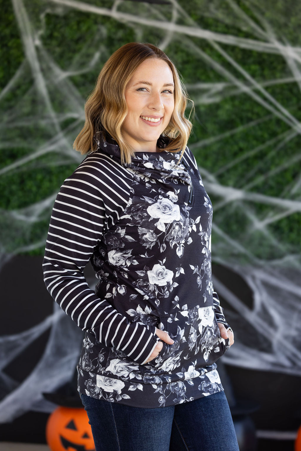 PREBOOK Zoey ZipCowl Sweatshirt - Black Floral and Stripes