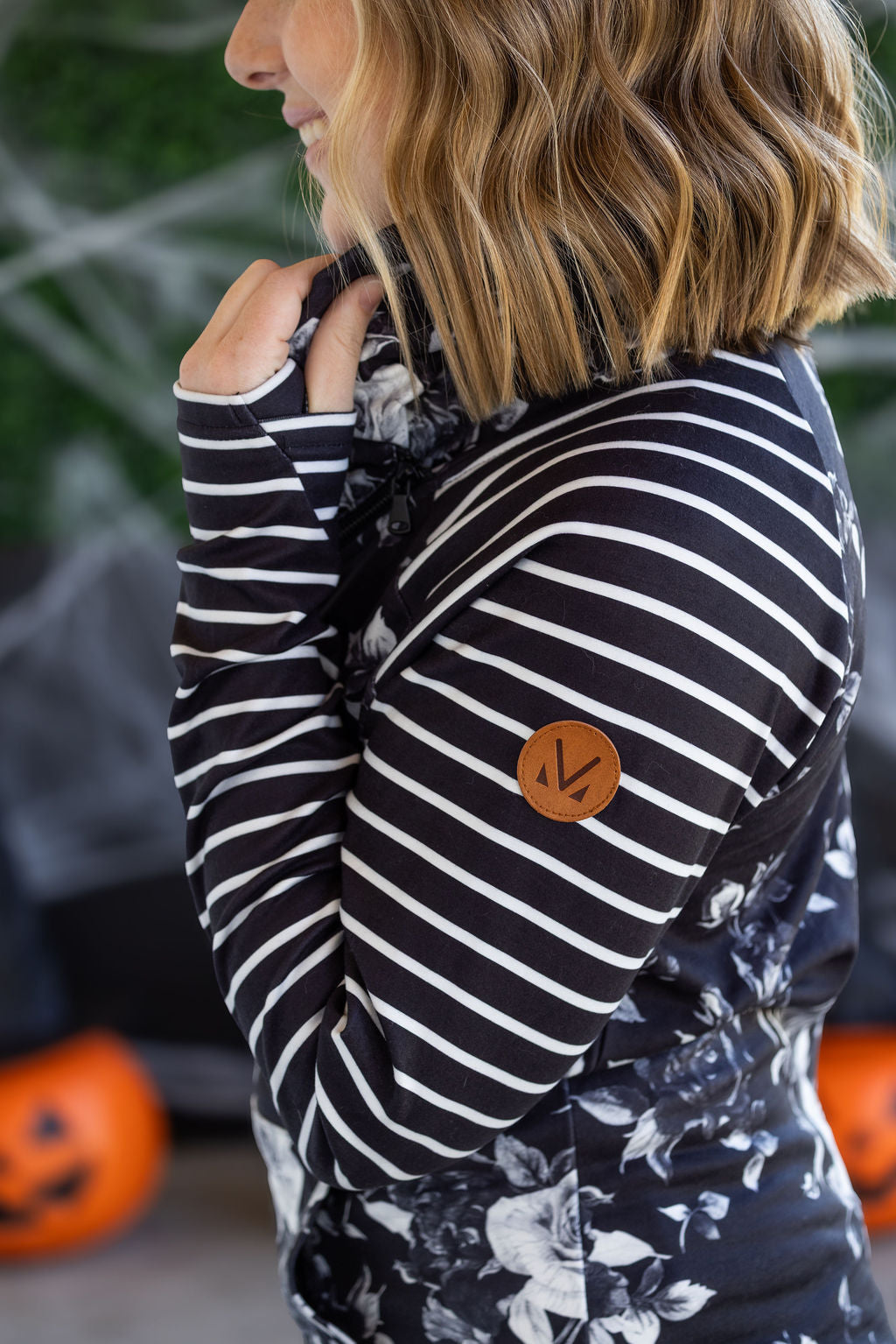 PREBOOK Zoey ZipCowl Sweatshirt - Black Floral and Stripes