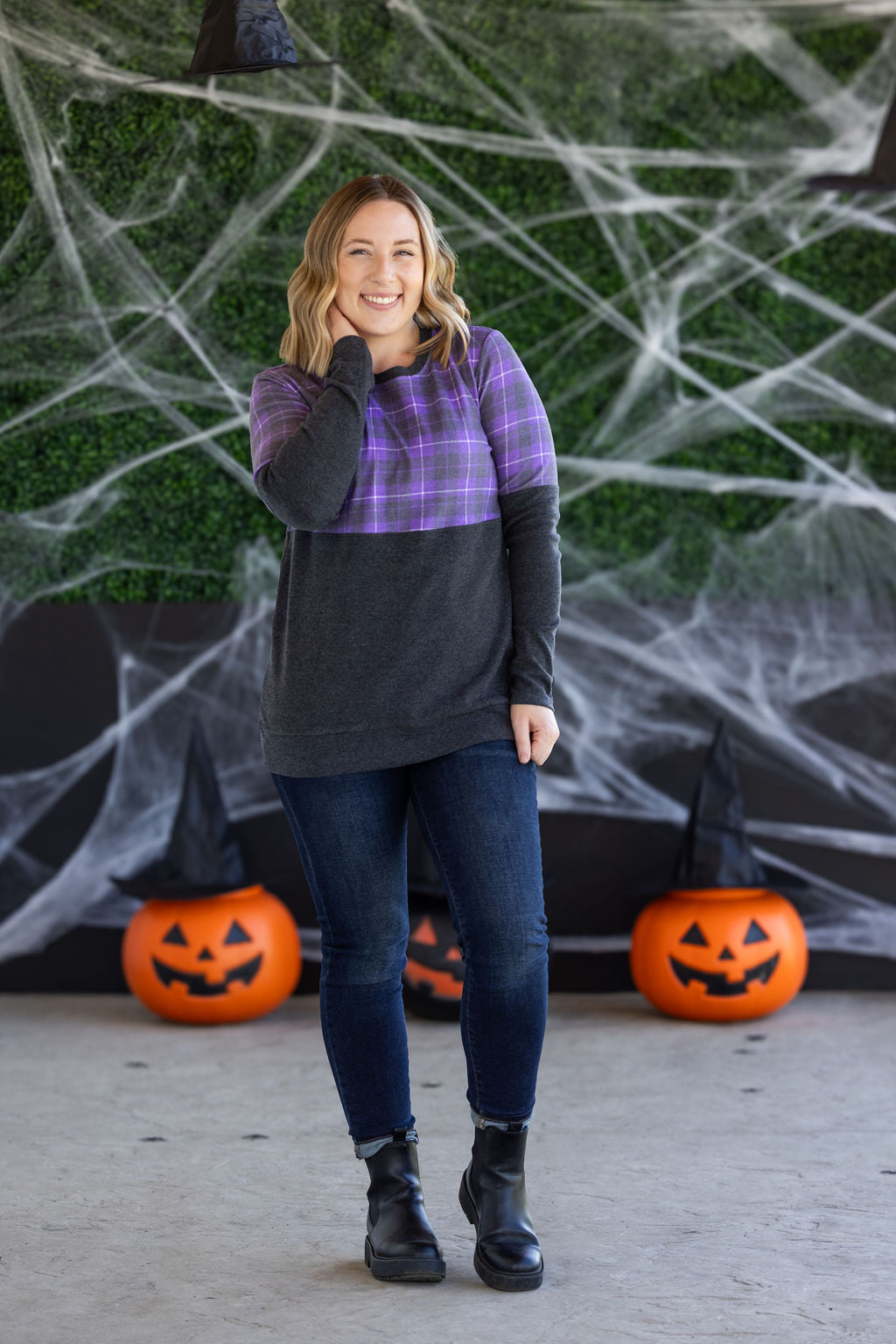 PREBOOK Natalie Pullover - Purple Plaid and Charcoal