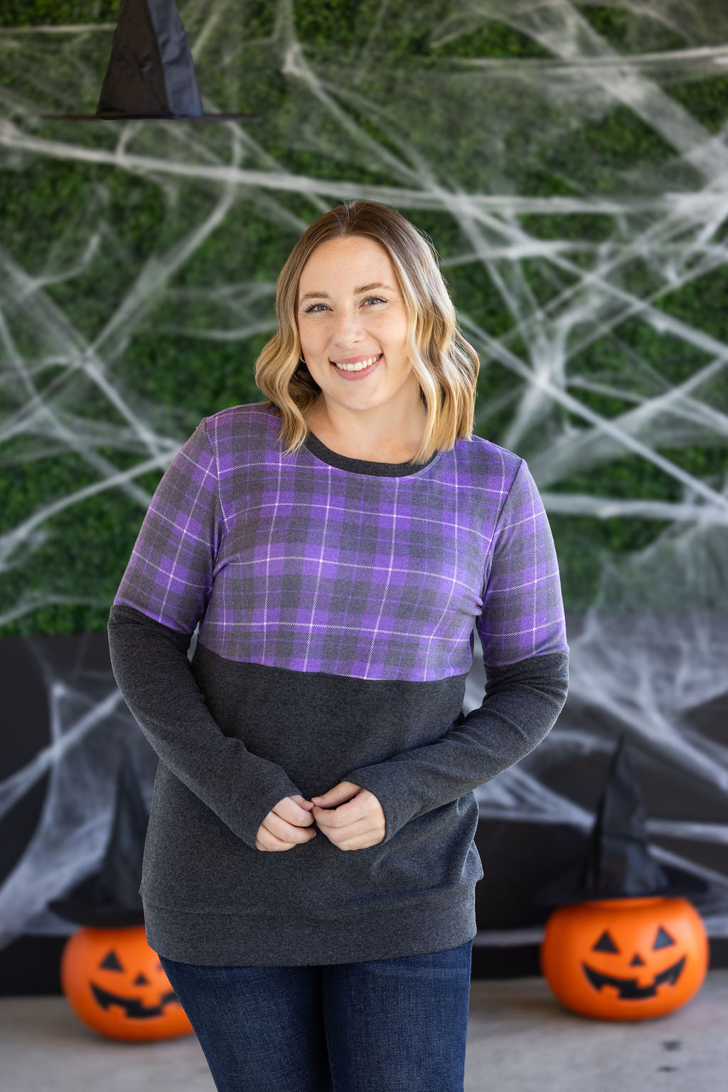PREBOOK Natalie Pullover - Purple Plaid and Charcoal