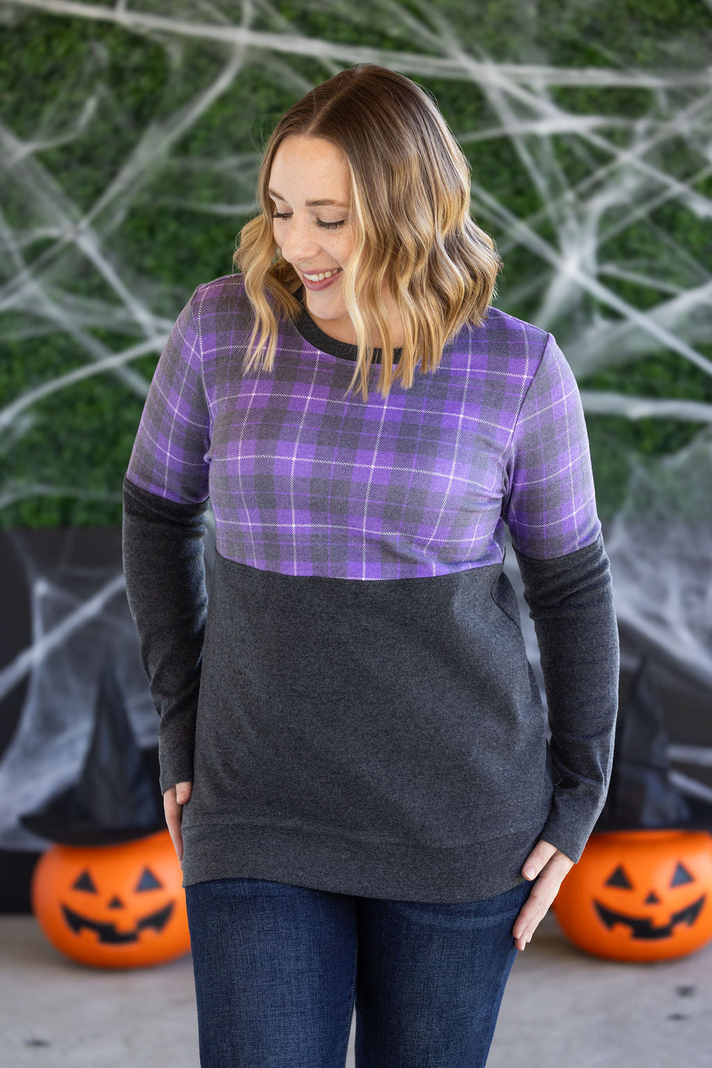 PREBOOK Natalie Pullover - Purple Plaid and Charcoal