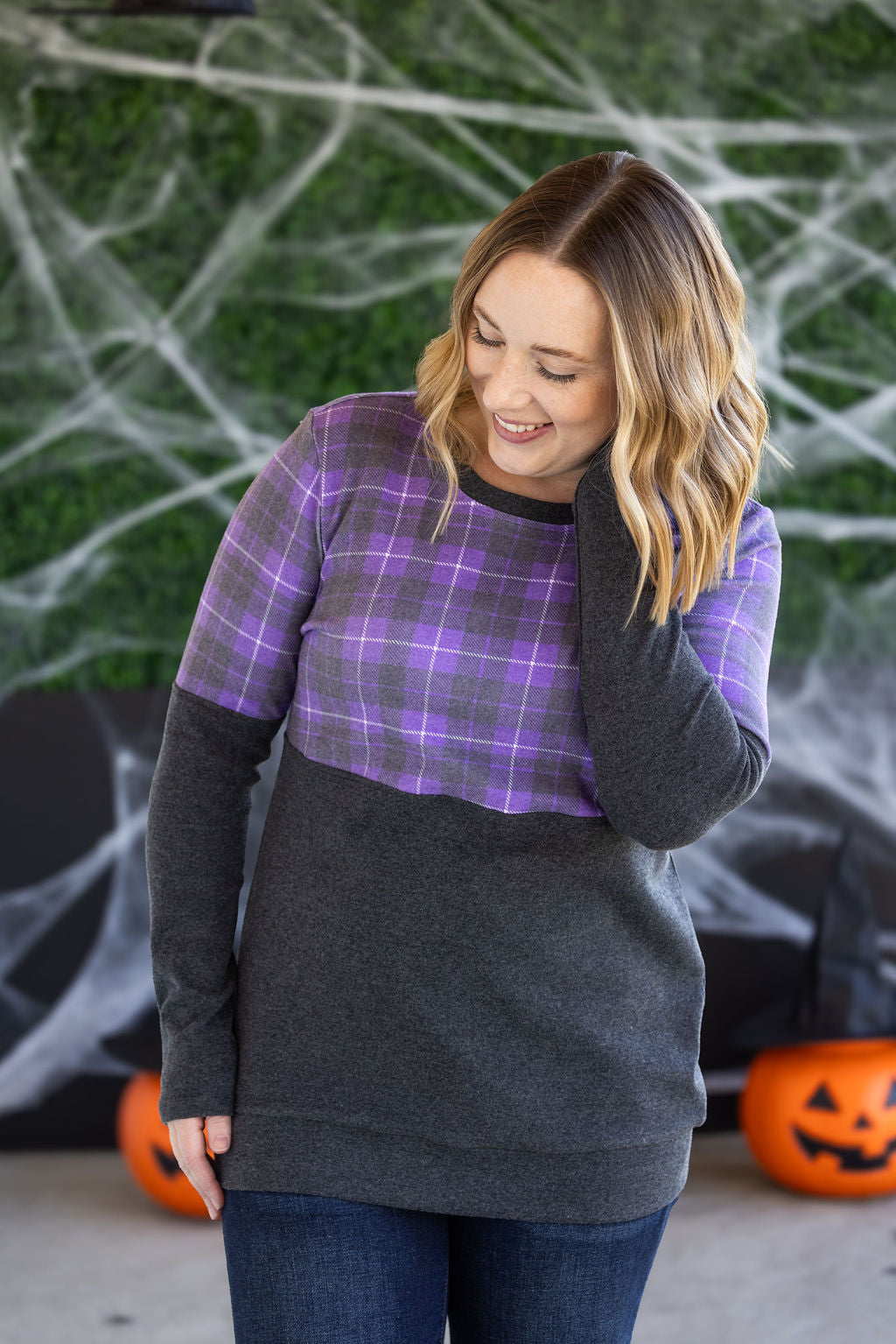 PREBOOK Natalie Pullover - Purple Plaid and Charcoal