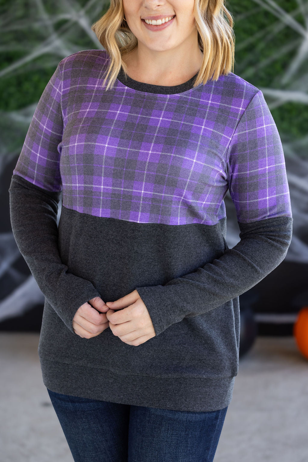 PREBOOK Natalie Pullover - Purple Plaid and Charcoal