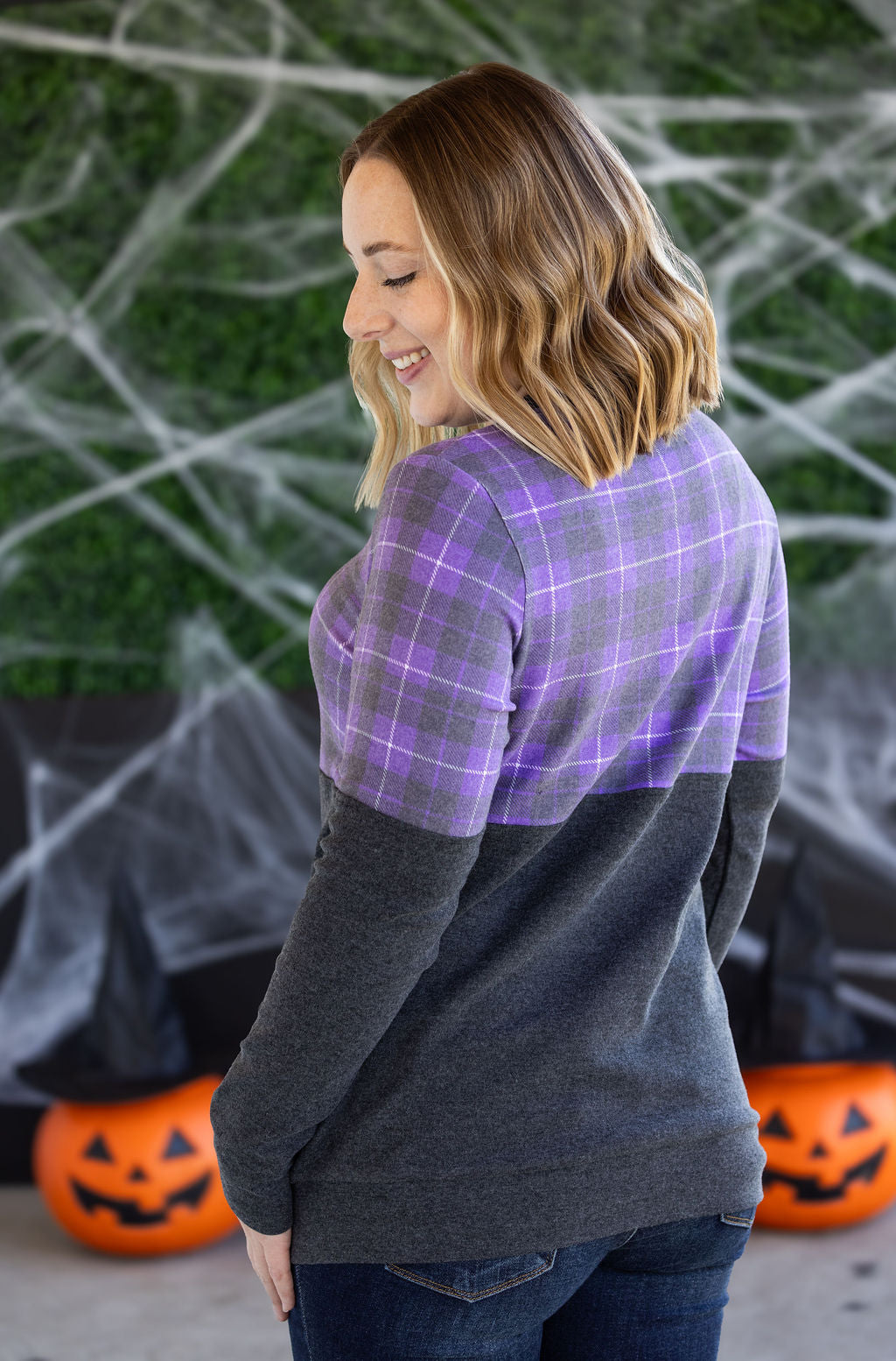 PREBOOK Natalie Pullover - Purple Plaid and Charcoal