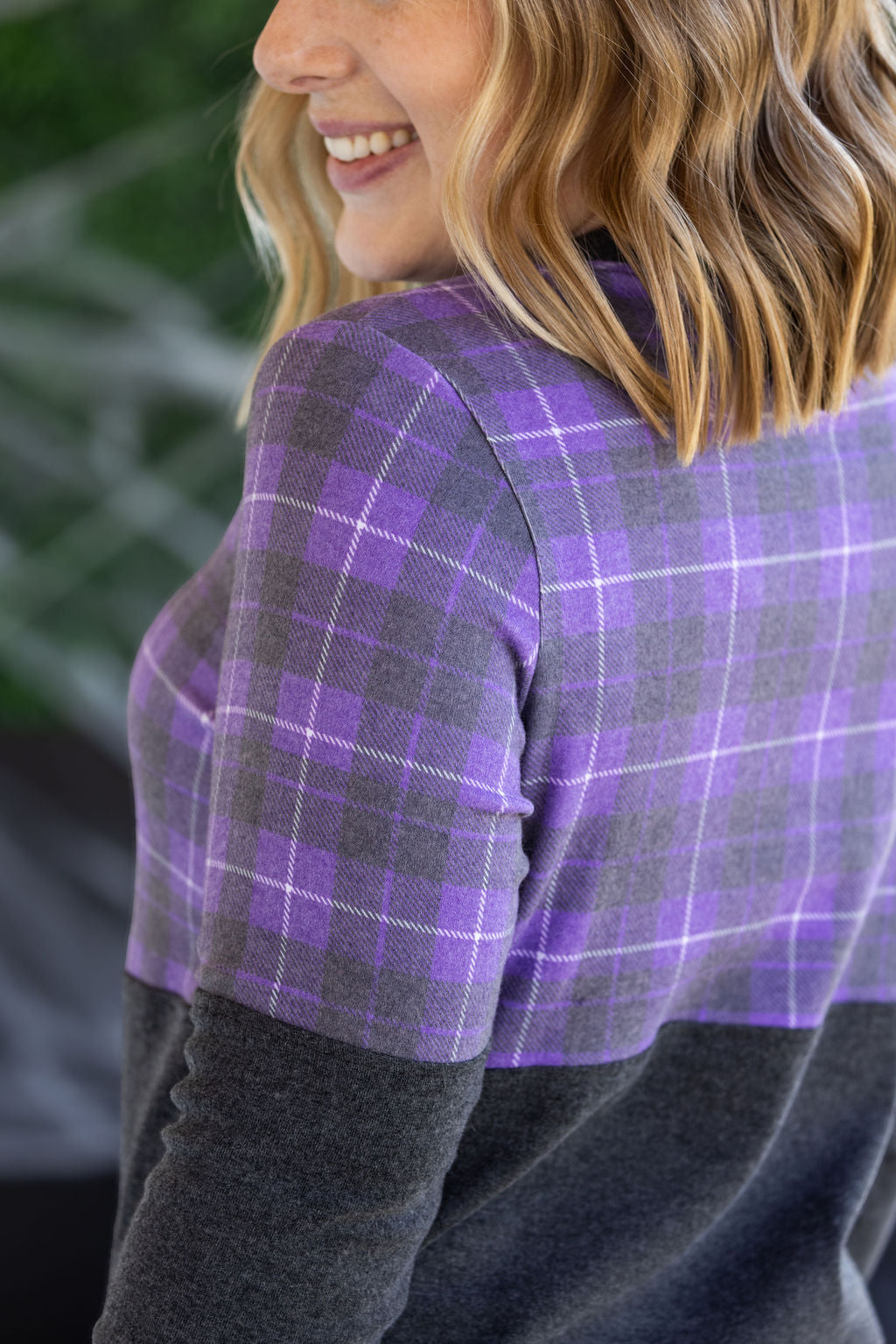 PREBOOK Natalie Pullover - Purple Plaid and Charcoal