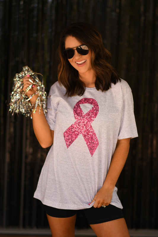 Faux Sequins Breast Cancer Ribbon Tee