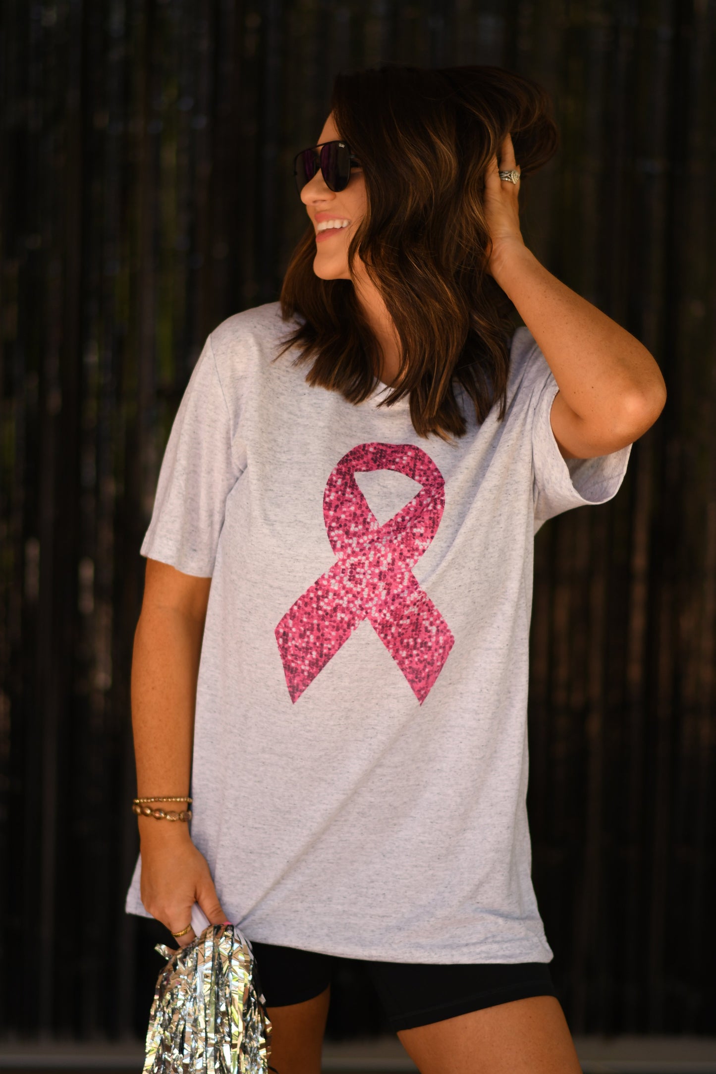 Faux Sequins Breast Cancer Ribbon Tee