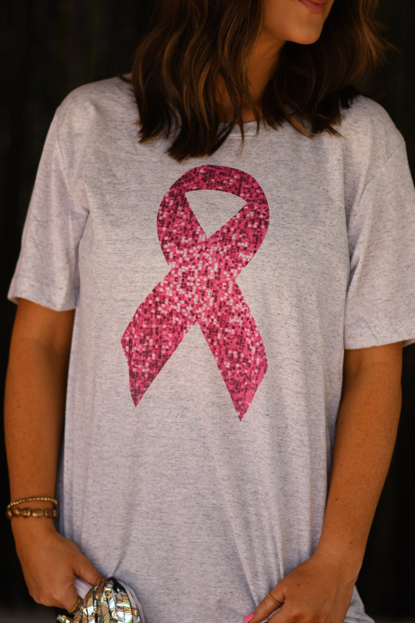 Faux Sequins Breast Cancer Ribbon Tee