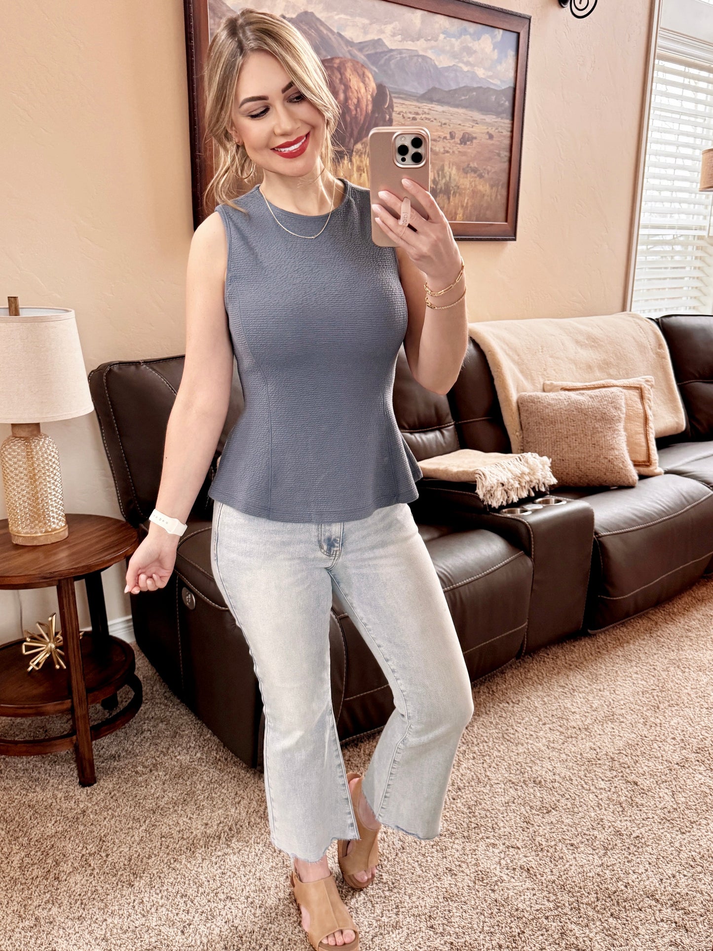 Sleeveless Peplum Knit Top In Denim