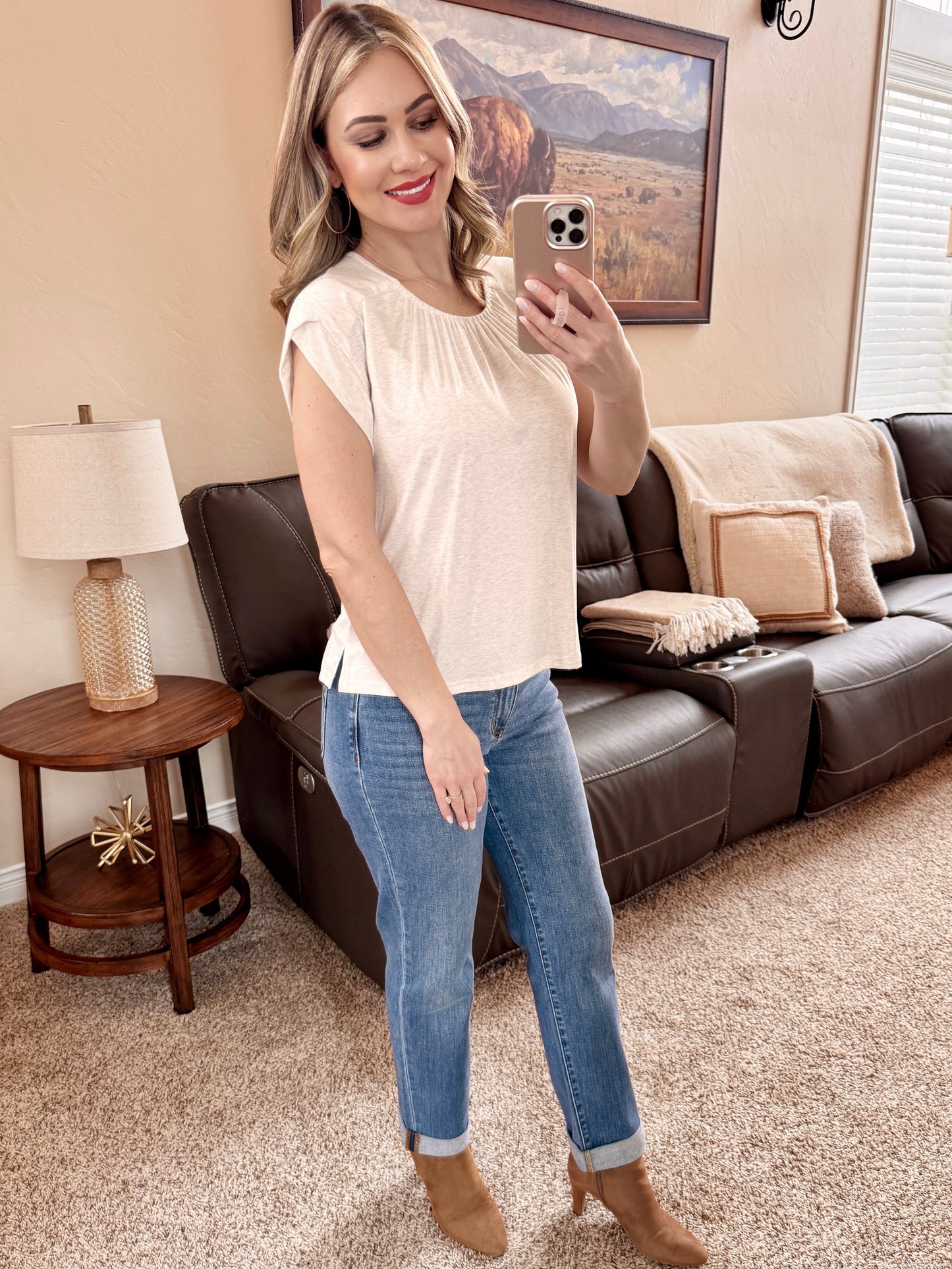 Oatmeal Top With Sleeve Detail & Ruched Front