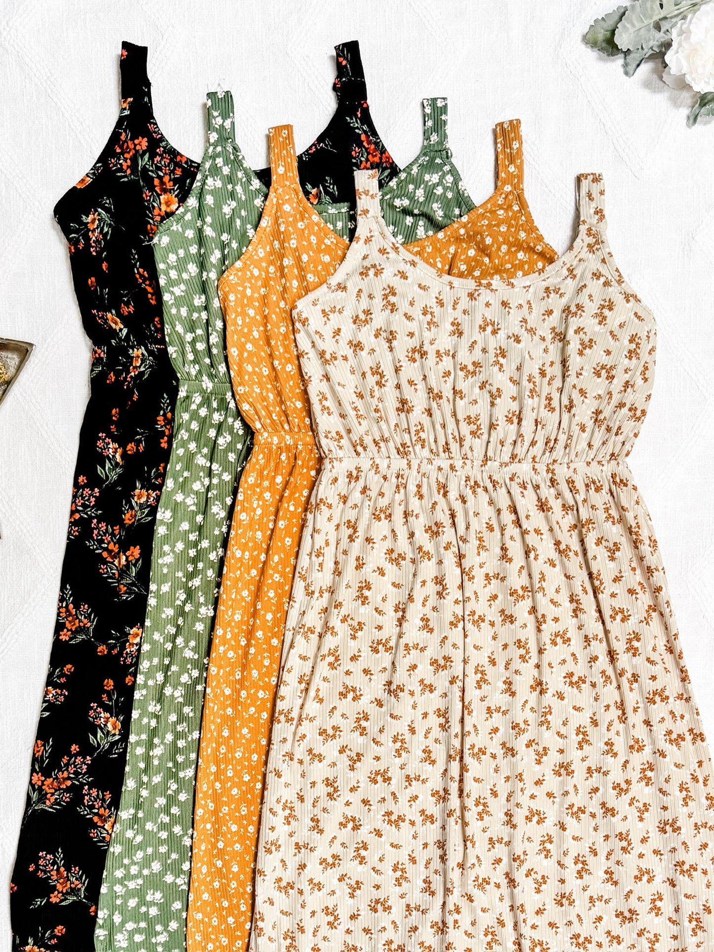 IN STOCK Reagan Ribbed Midi Dress - Pumpkin Floral