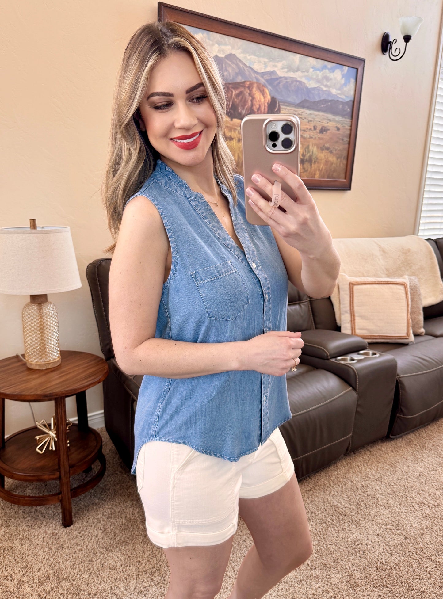 Denim Sleeveless Button Down Top